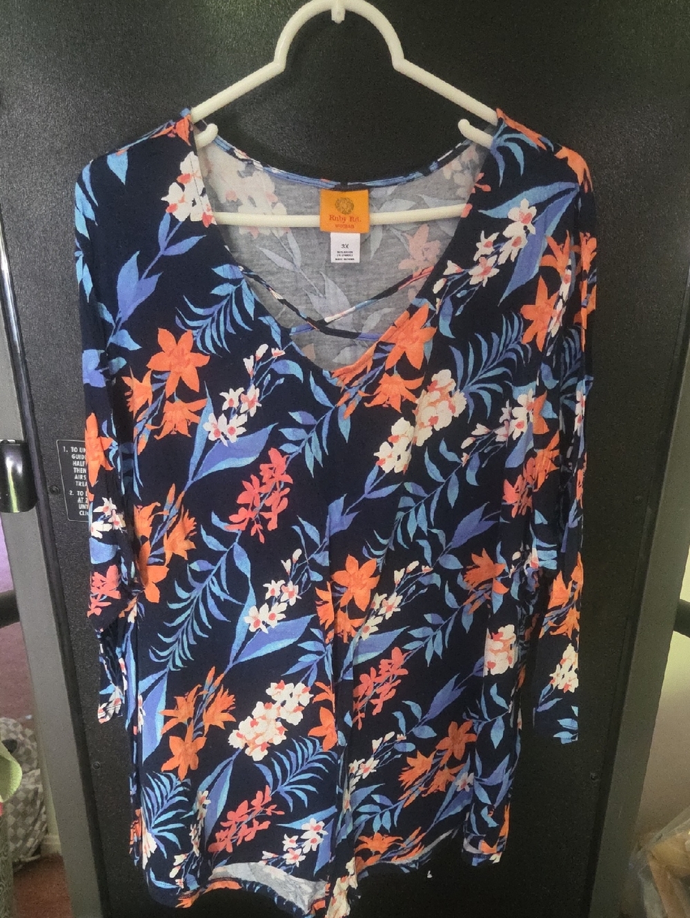 Ruby Rd. Floral V-Neck Top - Navy with Orange & Light Blue Blooms
